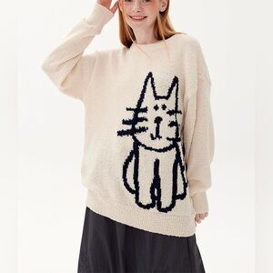 Aelfric Eden Cozy Oversized Graphic Cat Print Sweater Neutral Cream Longline